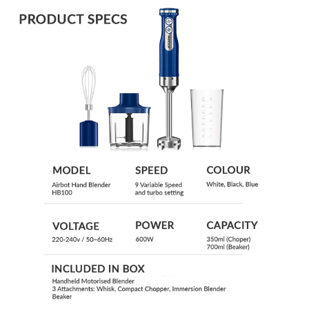 Airbot HB100 4 In 1 Electric Hand Blender Grinder Stick Mixer Baby Food Processor Chopper