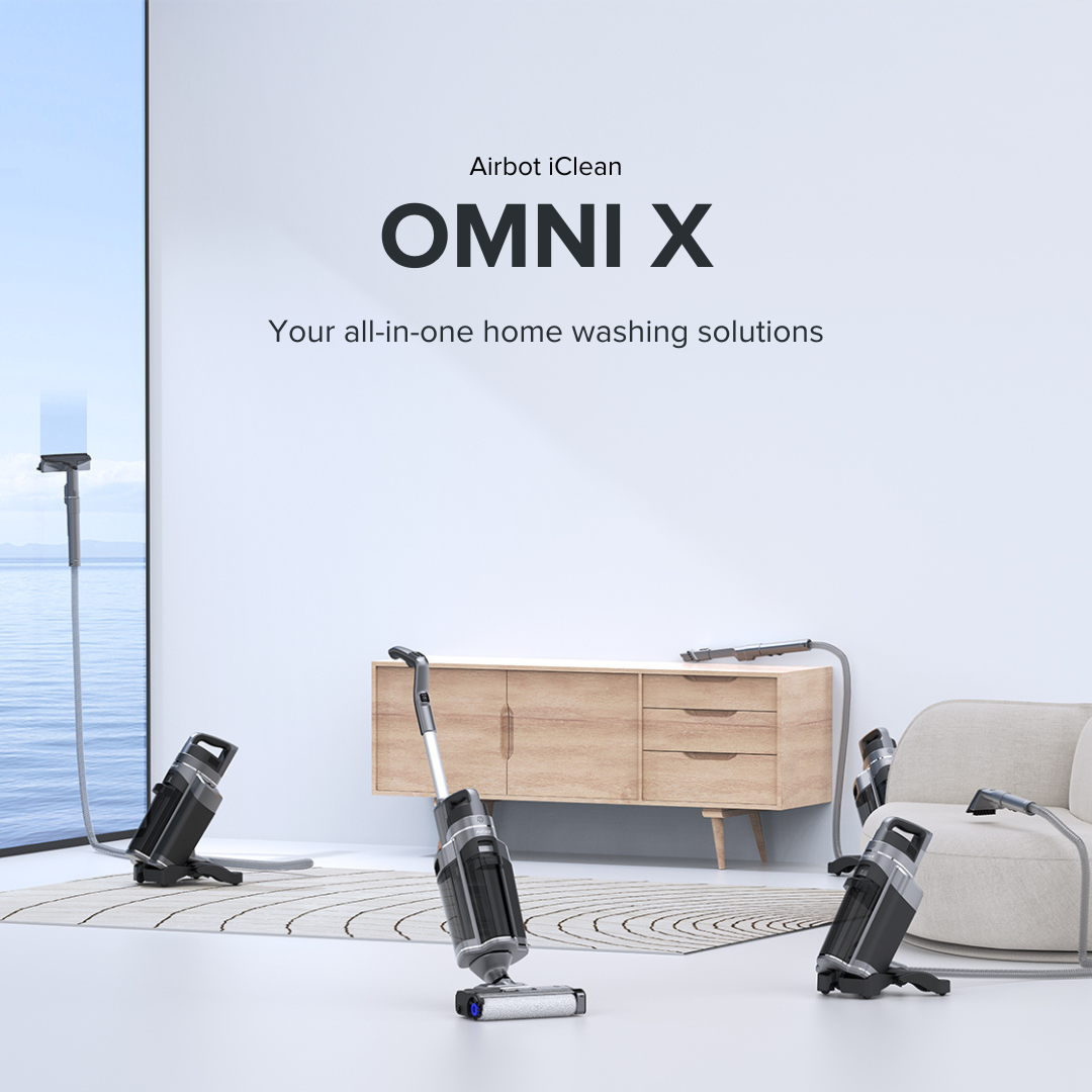 Airbot iClean OMNI X 一体式干湿两用吸尘器，适用于地板、地毯、沙发、窗帘和窗户