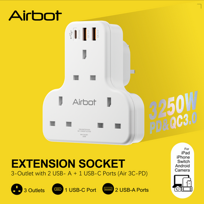 Airbot Air 3C-PD Multi Extension Socket 3250W 3 Way Socket Multi Power Adaptor with USB + Type-C PD