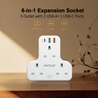 Airbot Air 3C-PD Multi Extension Socket 3250W 3 Way Socket Multi Power Adaptor with USB + Type-C PD