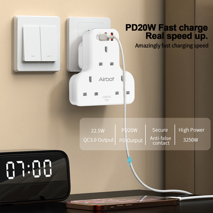 Airbot Air 3C-PD Multi Extension Socket 3250W 3 Way Socket Multi Power Adaptor with USB + Type-C PD