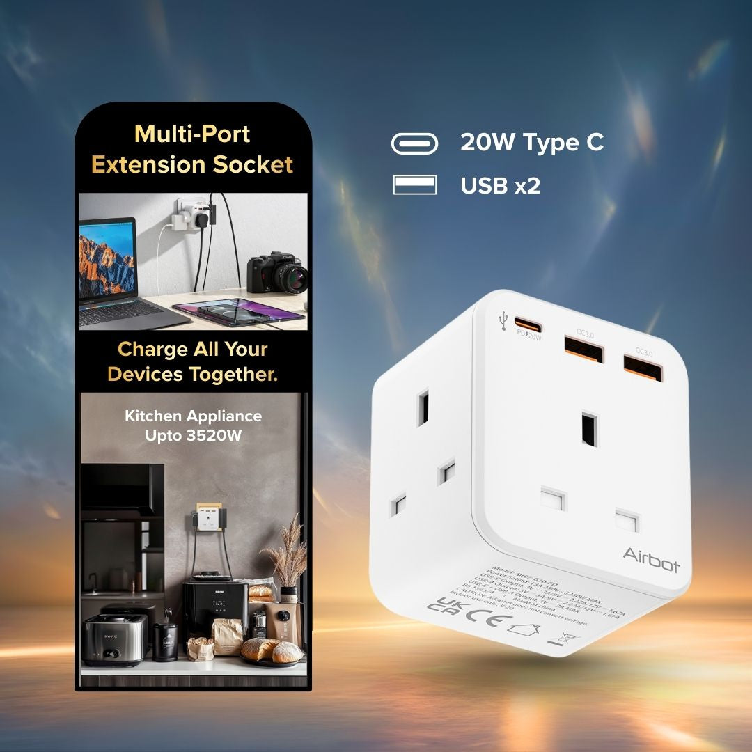 Airbot Air 3B-PD Extension Socket 3250W 3 Outlets Socket Multi Power Adaptor with USB + Type-C PD