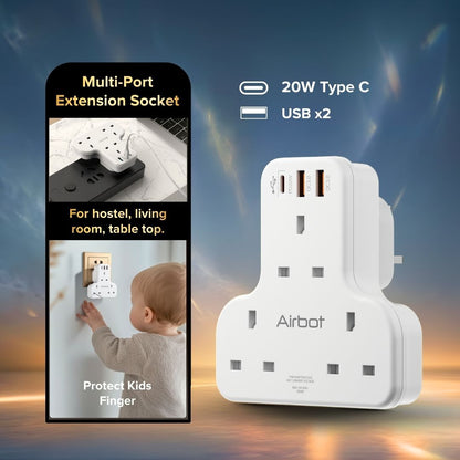 Airbot Air 3C-PD Multi Extension Socket 3250W 3 Way Socket Multi Power Adaptor with USB + Type-C PD