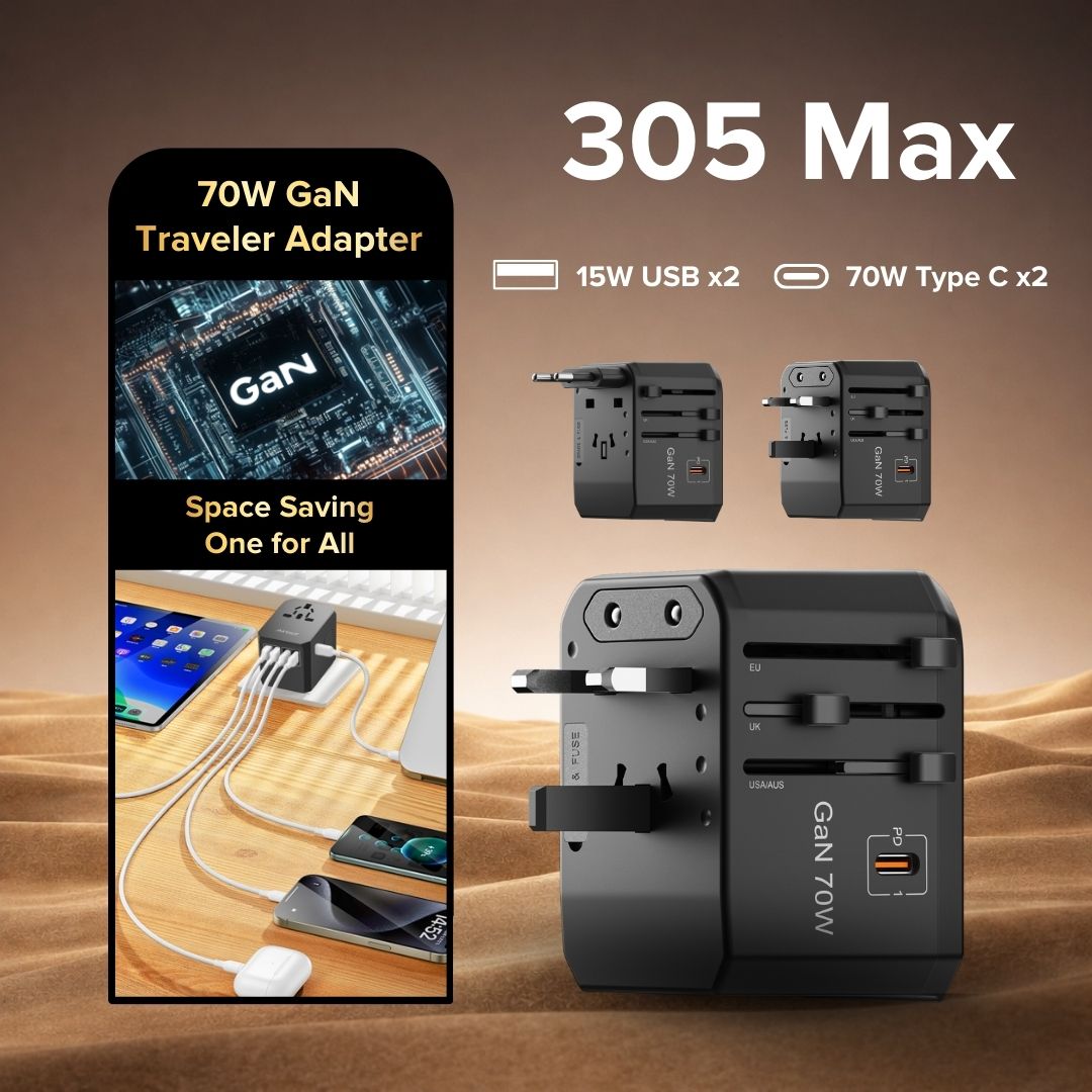 Airbot Air-305 MAX Universal Travel Adapter 70W International Worldwide Multi Adapter with USB + Type-C PD