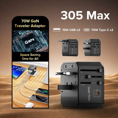 Airbot Air-305 MAX Universal Travel Adapter 70W International Worldwide Multi Adapter with USB + Type-C PD