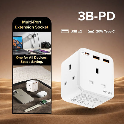 Airbot Air 3B-PD Extension Socket 3250W 3 Outlets Socket Multi Power Adaptor with USB + Type-C PD