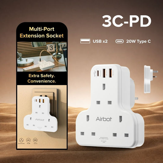 Airbot Air 3C-PD Multi Extension Socket 3250W 3 Way Socket Multi Power Adaptor with USB + Type-C PD