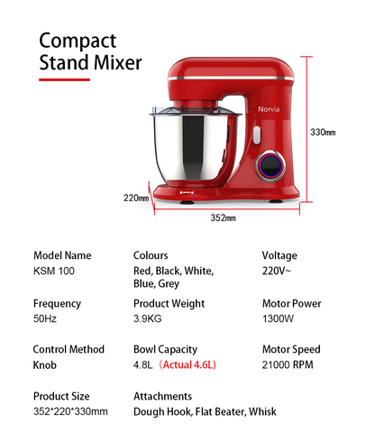 Airbot Norvia Kitchen Stand Mixer Powerful Motor Stainless Steel (5L/1300W) KSM100